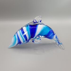 Art Glass Dolphin Figurine Paperweight Blue + White Swirl in Clear 5.5" Long